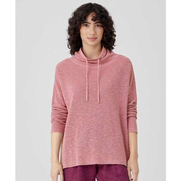 Eileen Fisher PINK Organic Linen Cotton Slub Funnel Neck Top Hoodie Sweater L - Picture 2 of 15